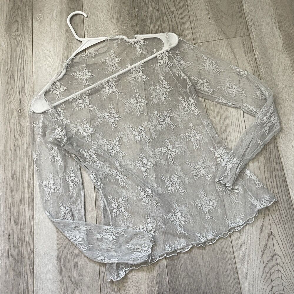 Sheer Mesh Top floral mockneck sheer lace womens Gray (medium) boho whimsigoth